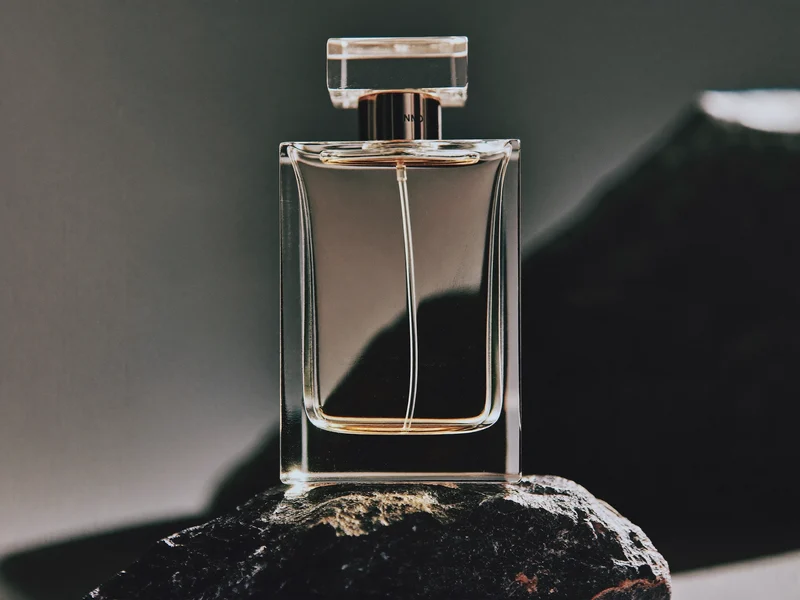 Eleganter Eau-de-Parfum-Flakon mit schlichter Kappe auf dunklem Stein, seitlich beleuchtet